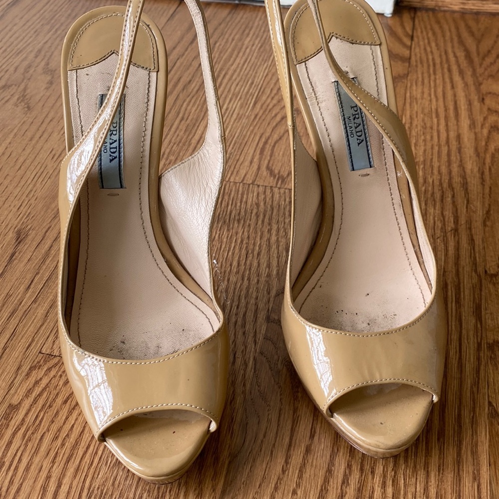 Nude patent leather peep toe Prada sling back stilletto heels 5 inches